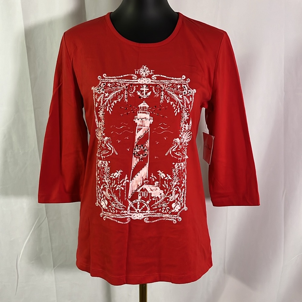 NWT Coral Bay Red Rhinestone Accent Christmas Lighthouse 3/4 Sleeve Top